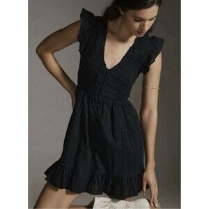 Anthropologie Peregrine Mini Dress Women's Size XS Black Smocked Pockets Casual